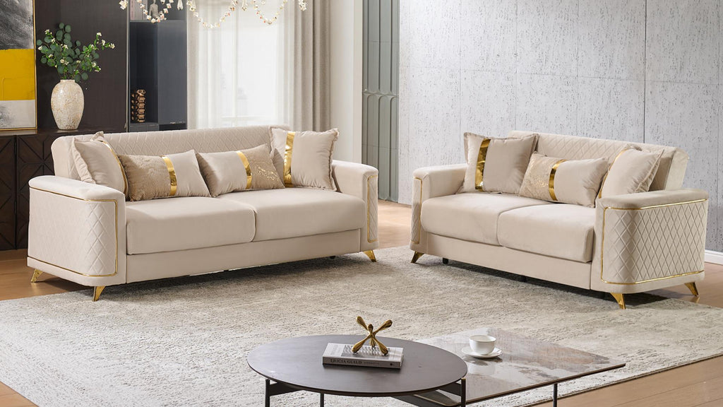 2 pc Lisa beige diamond pattern fabric upholstered rounded arms gold trim accents sofa and love seat set with sleeper and storage