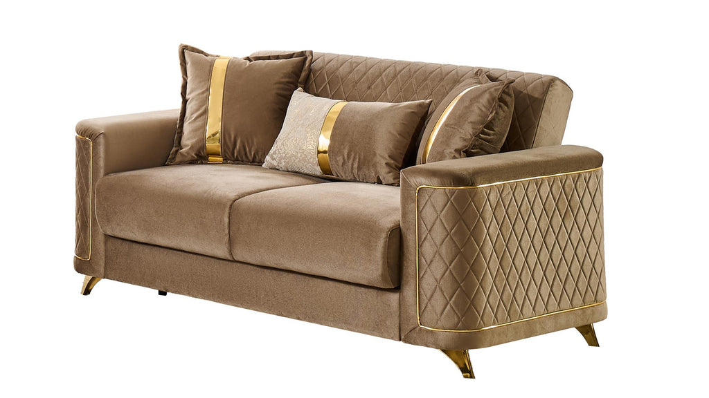2 pc Lisa brown diamond pattern fabric upholstered rounded arms gold trim accents sofa and love seat set with sleeper and storage