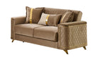 2 pc Lisa brown diamond pattern fabric upholstered rounded arms gold trim accents sofa and love seat set with sleeper and storage