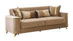 2 pc Lisa brown diamond pattern fabric upholstered rounded arms gold trim accents sofa and love seat set with sleeper and storage
