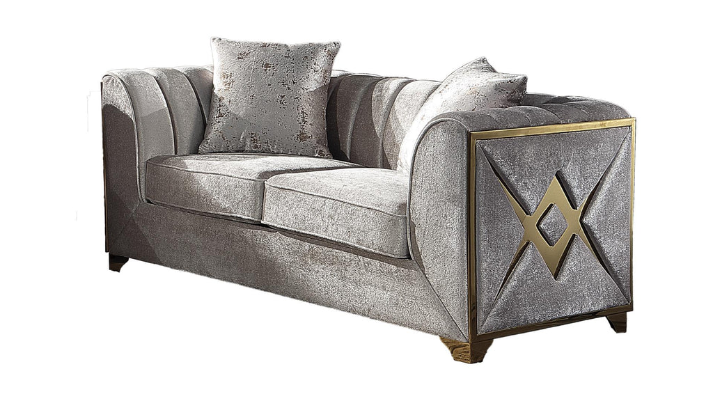 2 pc Velencia cream fabric upholstered double X design gold trim accents sofa and love seat set