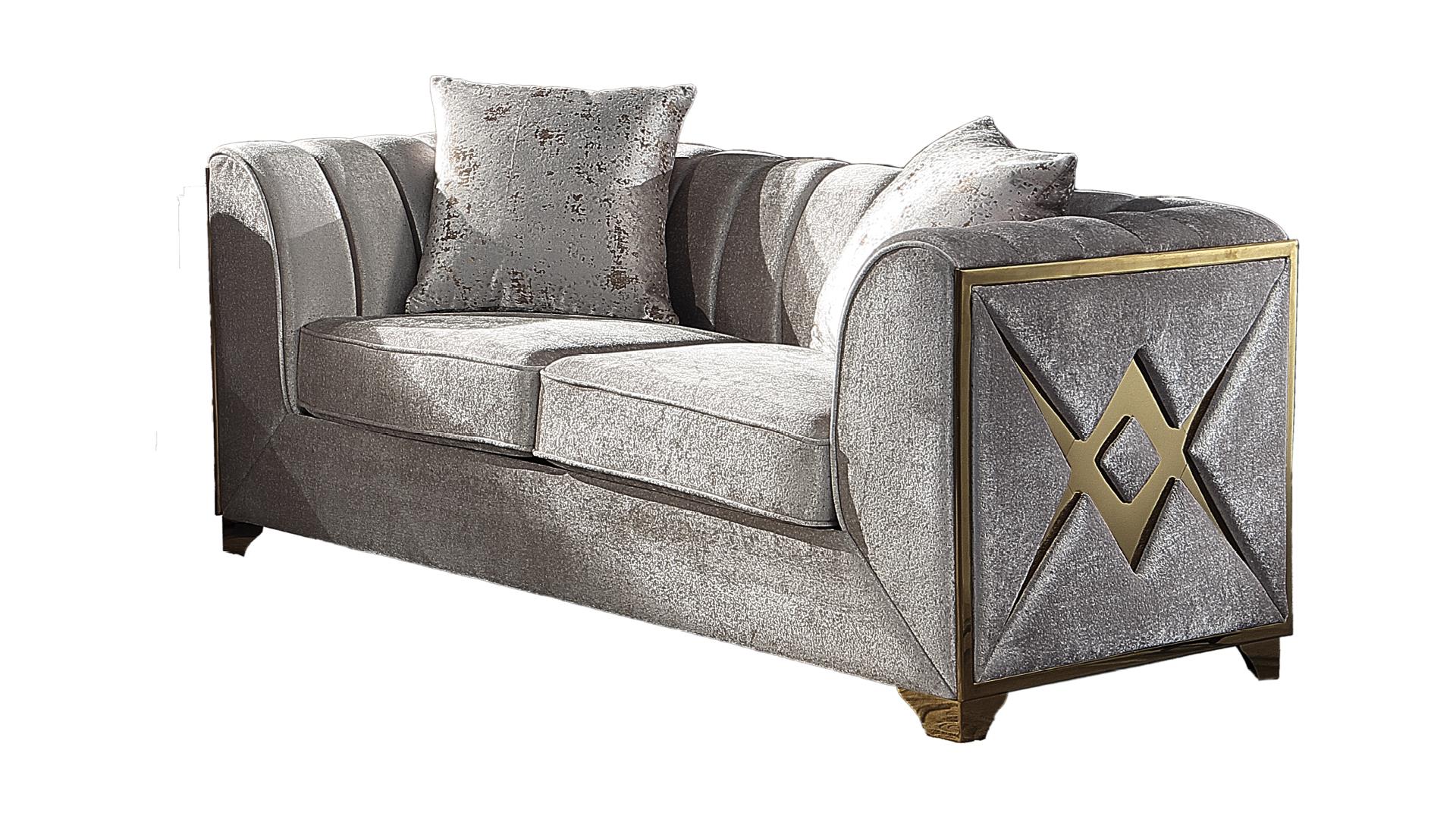 2 pc Velencia cream fabric upholstered double X design gold trim accents sofa and love seat set