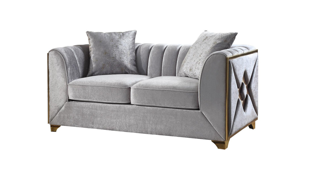 2 pc Velencia silver fabric upholstered double X design gold trim accents sofa and love seat set