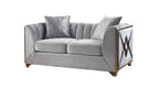 2 pc Velencia silver fabric upholstered double X design gold trim accents sofa and love seat set