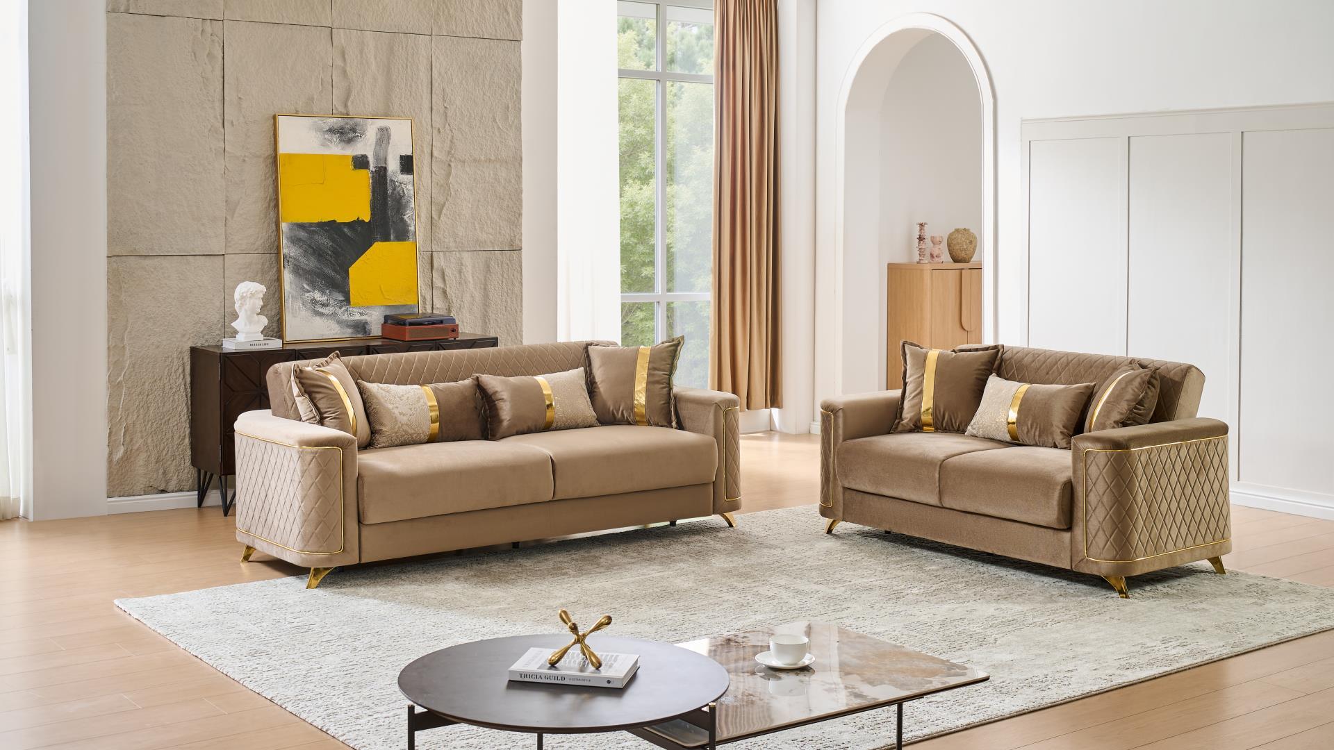 2 pc Lisa brown diamond pattern fabric upholstered rounded arms gold trim accents sofa and love seat set with sleeper and storage