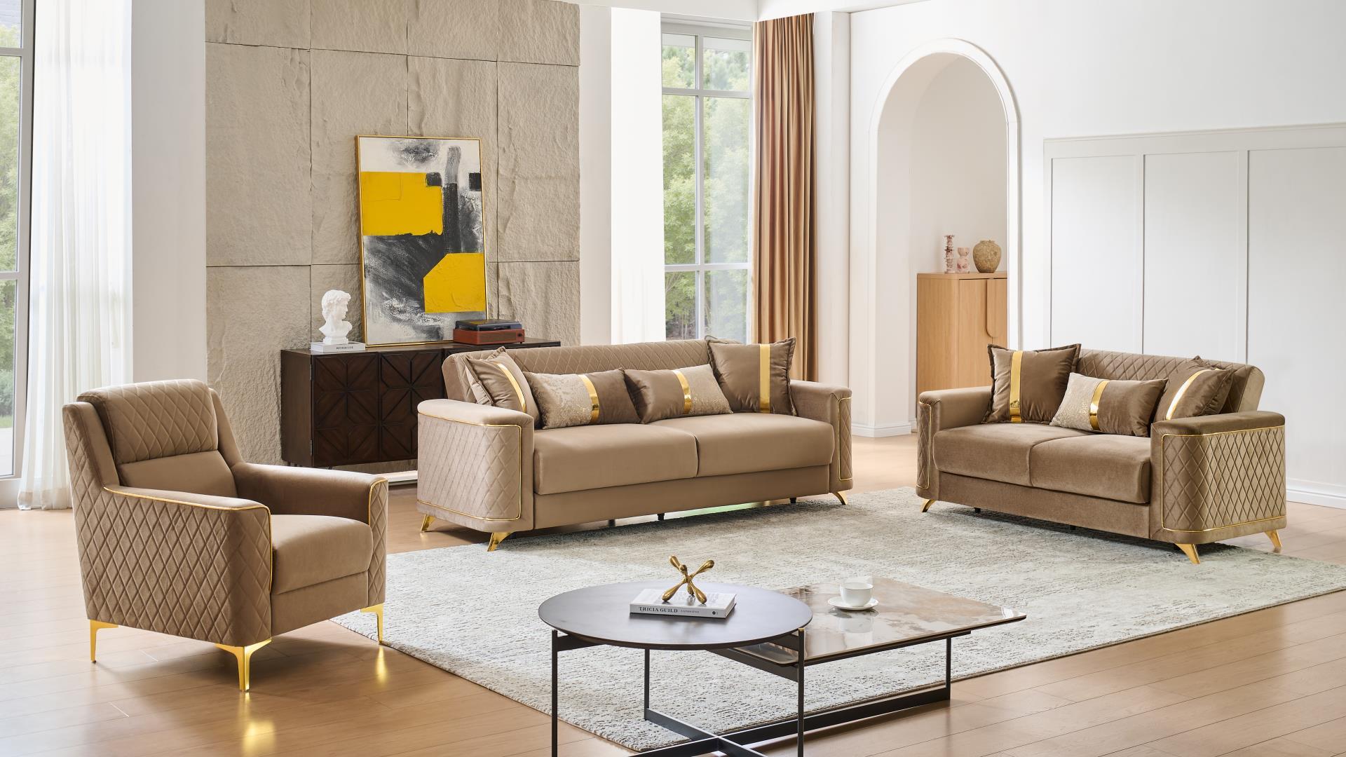 2 pc Lisa brown diamond pattern fabric upholstered rounded arms gold trim accents sofa and love seat set with sleeper and storage