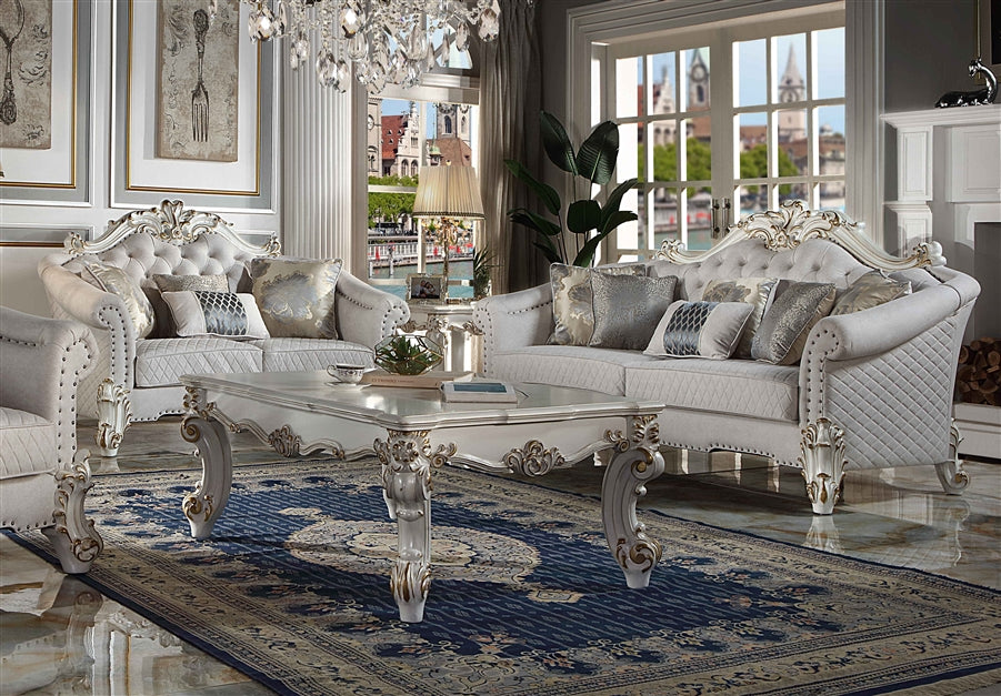 Acme LV01329-30 2 pc Astoria grand bordadora vendome ii antique pearl finish wood two tone ivory fabric sofa and love seat set