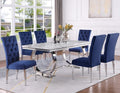 Beriguette LX01-BLUE-7PC 7 pc Broadway white high gloss faux marble top finish and chrome modern dining table set blue chairs