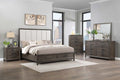 00-6001-4PC 4 pc Landon walnut with greyish tone finish wood fabric upholstered headboard queen bed set footboard drawers