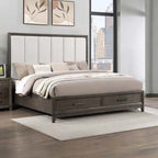00-6001-4PC 4 pc Landon walnut with greyish tone finish wood fabric upholstered headboard queen bed set footboard drawers