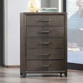 00-6001-4PC 4 pc Landon walnut with greyish tone finish wood fabric upholstered headboard queen bed set footboard drawers