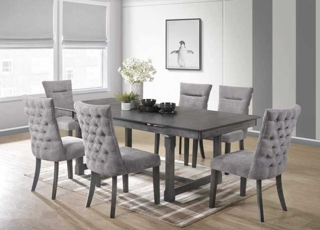 London-7PC 7 pc London antique grey finish wood dining table set tufted back chairs