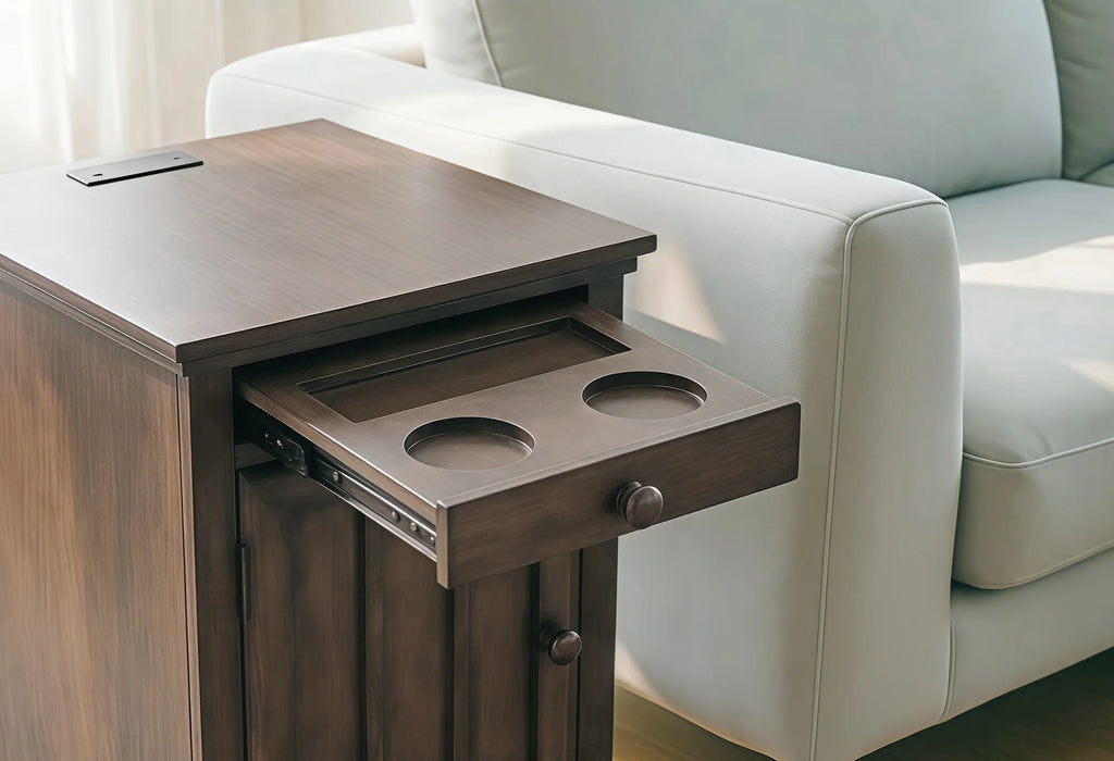 Mission Greyish Brown Wood Snack Side End Table with USB and Cup Holders Cabinet – MS-1170