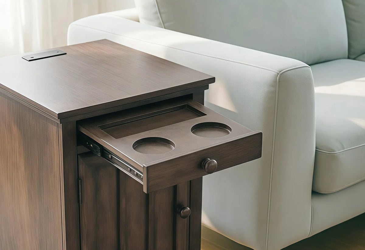 Mission Greyish Brown Wood Snack Side End Table with USB and Cup Holders Cabinet – MS-1170