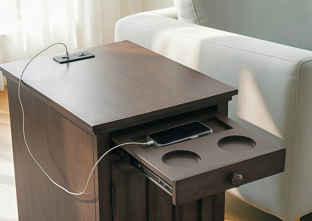Mission Greyish Brown Wood Snack Side End Table with USB and Cup Holders Cabinet – MS-1170