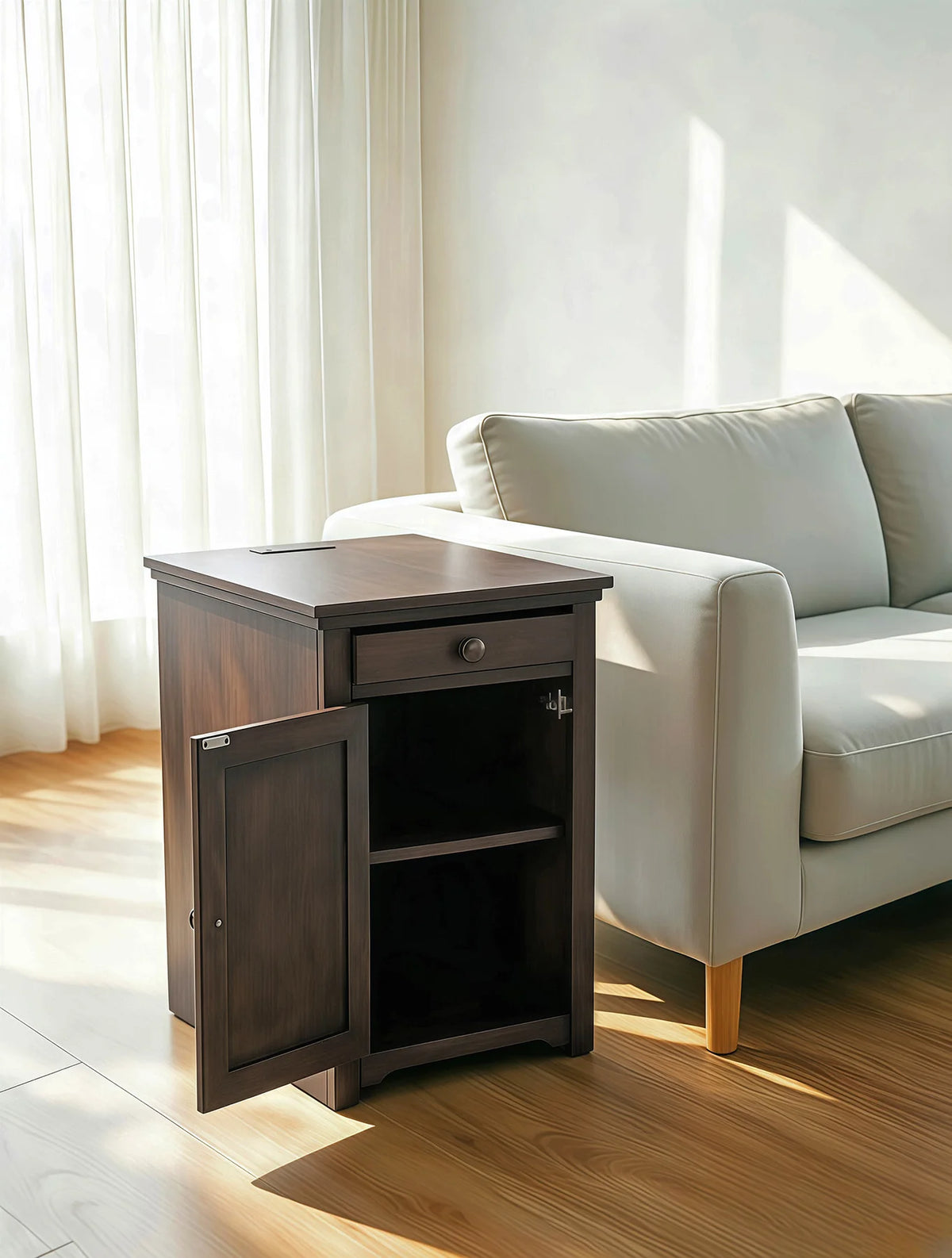 Mission Greyish Brown Wood Snack Side End Table with USB and Cup Holders Cabinet – MS-1170