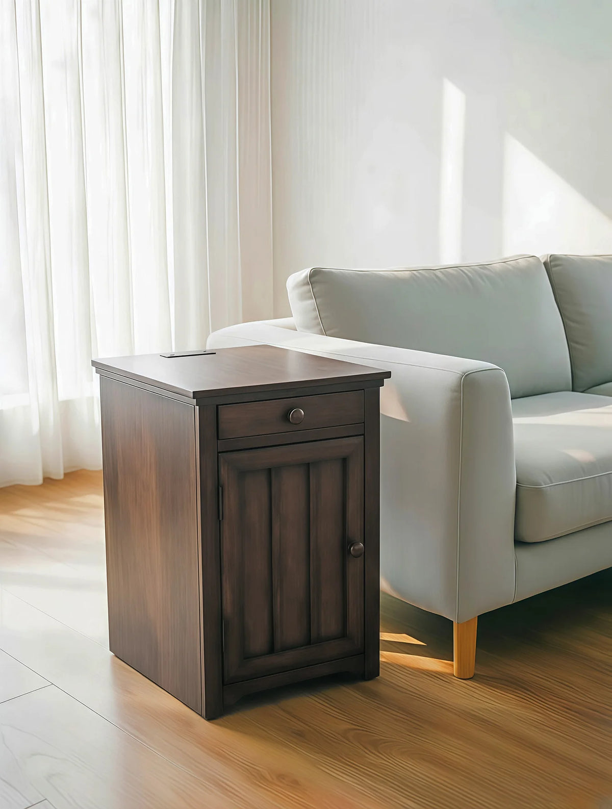 Mission Greyish Brown Wood Snack Side End Table with USB and Cup Holders Cabinet – MS-1170