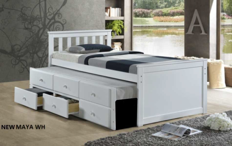 Maya-WHT  Maya white finish wood twin captains bed with trundle and drawers