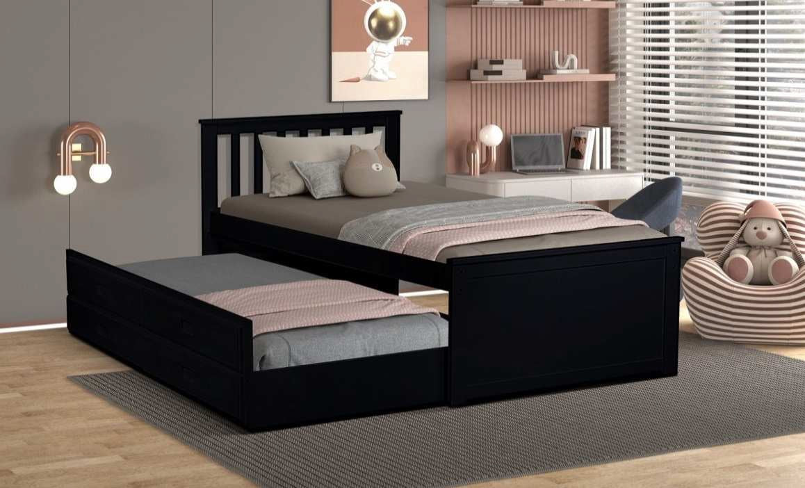 Moses-ESP  Moses espresso finish wood twin captains bed with pull out trundle and drawers