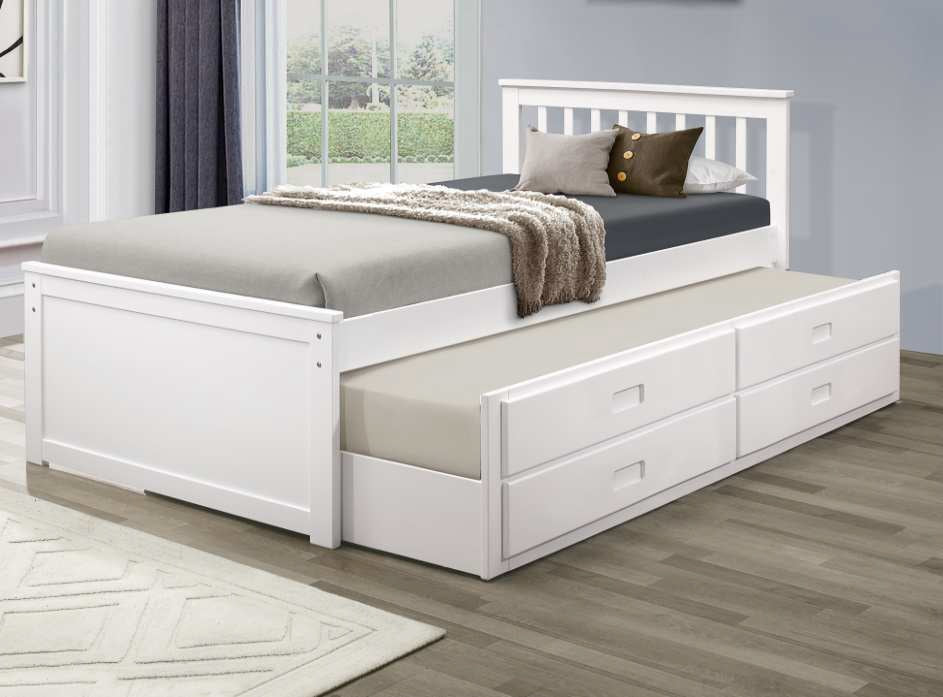 Moses-WHT  Moses white finish wood twin captains bed with pull out trundle and drawers