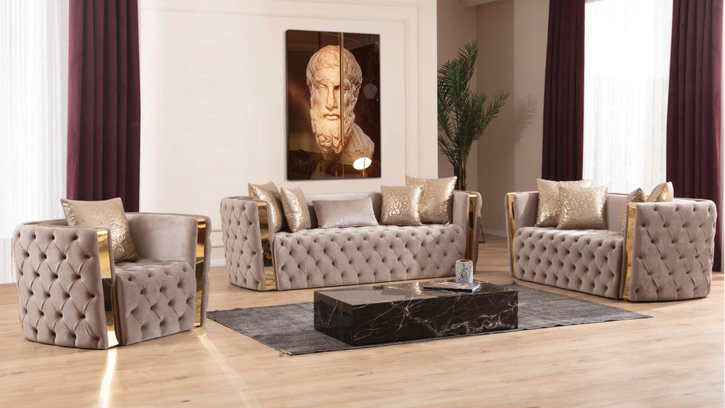 Naomi Taupe Tufted Fabric 2-Piece Sofa and Love Seat Set with Rounded Backs & Gold Trim – Matrix