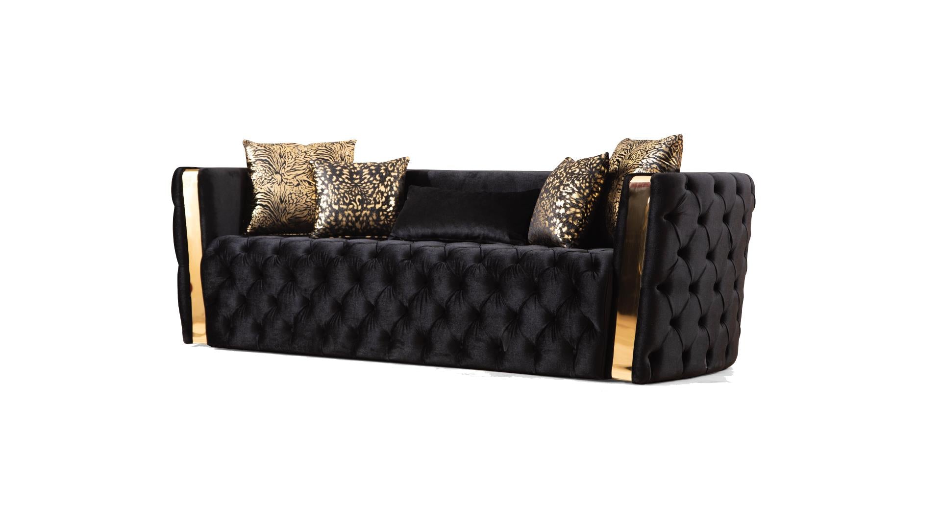 2 pc Naomi black fabric tufted upholstered rounded backs gold trim accents sofa and love seat set
