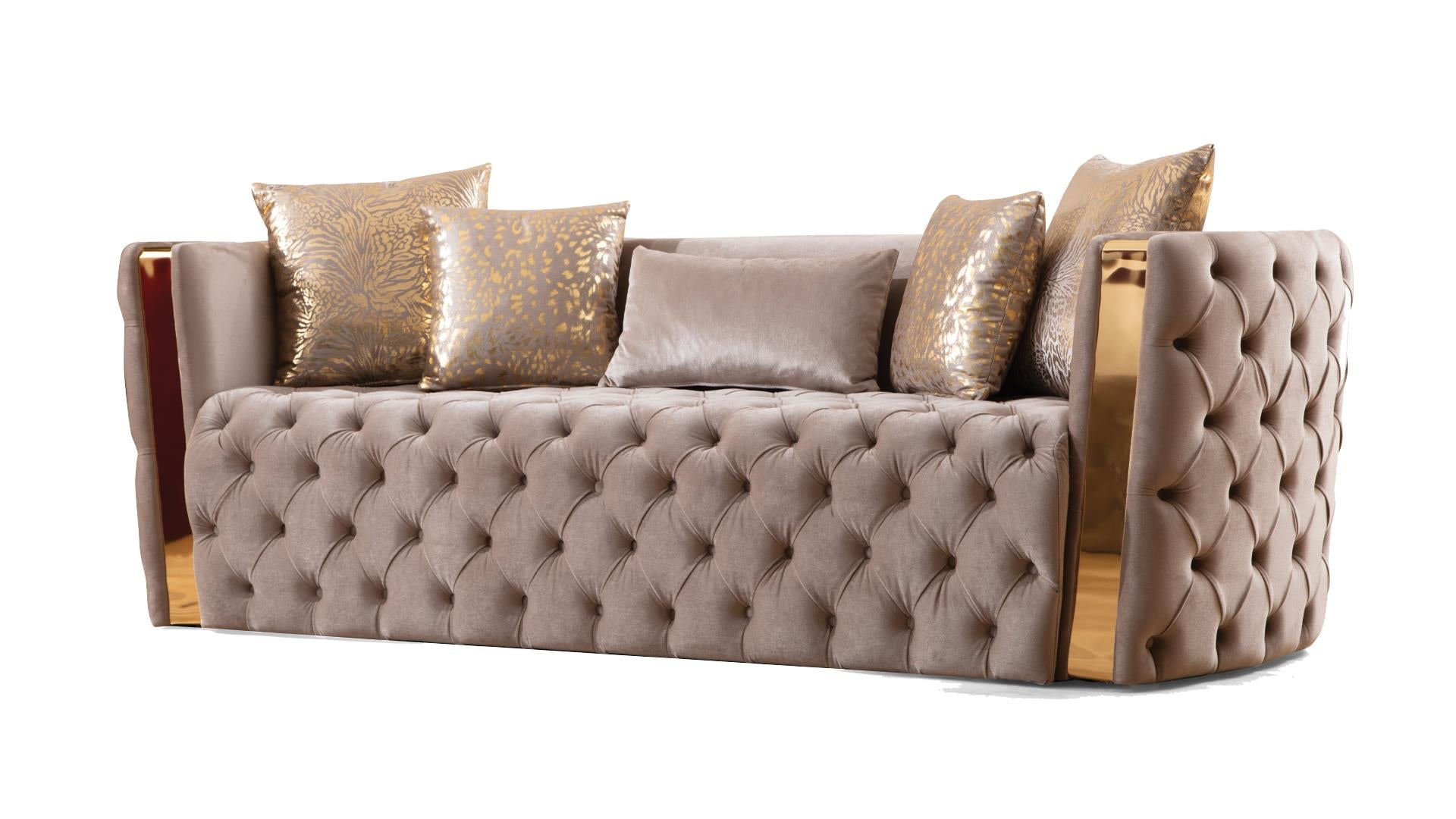2 pc Naomi taupe fabric tufted upholstered rounded backs gold trim accents sofa and love seat set