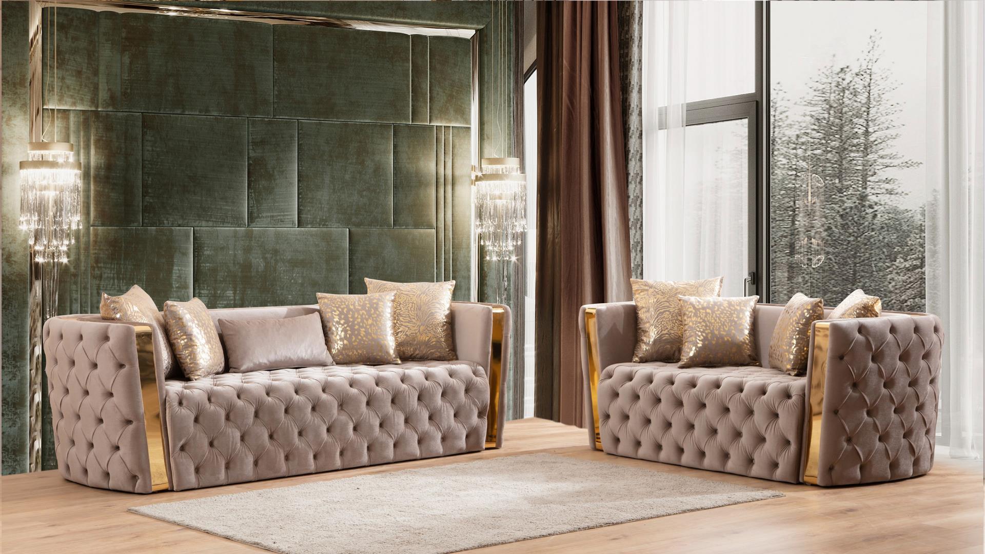 2 pc Naomi taupe fabric tufted upholstered rounded backs gold trim accents sofa and love seat set