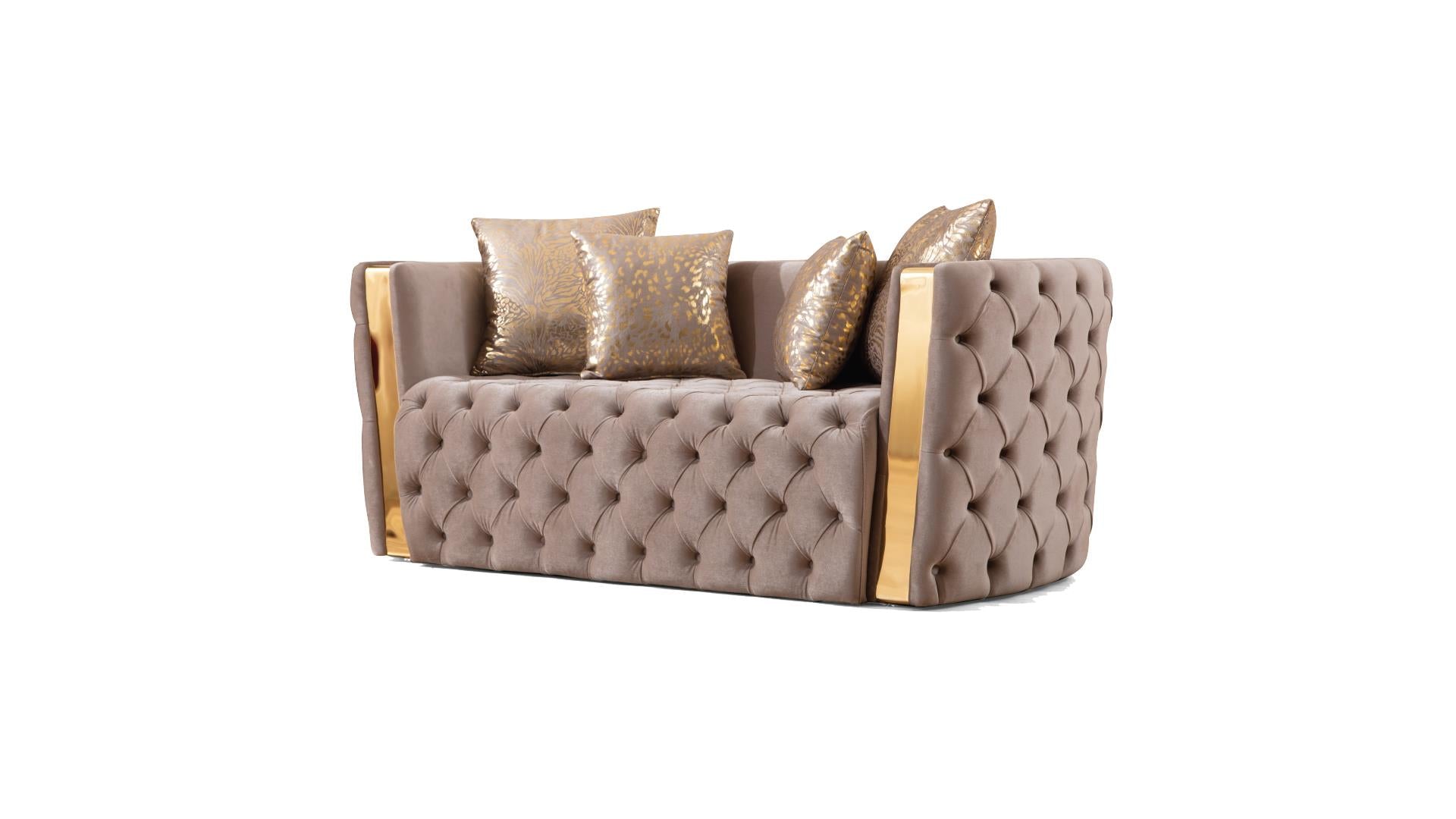 2 pc Naomi taupe fabric tufted upholstered rounded backs gold trim accents sofa and love seat set