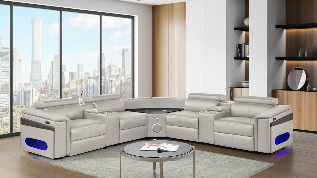 7 pc Nova grey faux leather power motion sectional sofa with pop up bar refrigerator bluetooth and LED