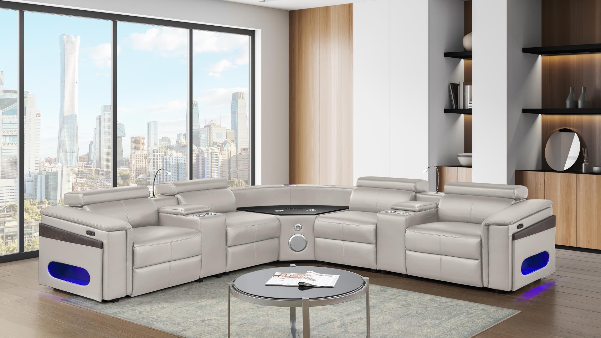 7 pc Nova grey faux leather power motion sectional sofa with pop up bar refrigerator bluetooth and LED