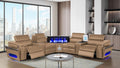 7 pc Nova caramel faux leather power motion sectional sofa with pop up bar refrigerator bluetooth and LED