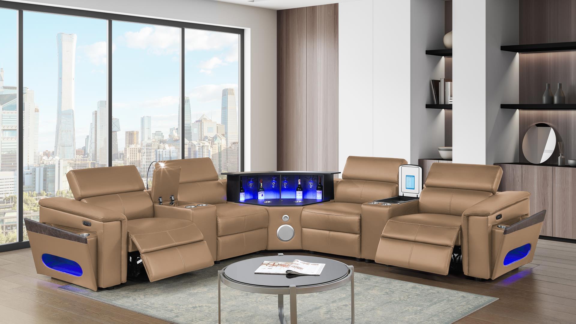 7 pc Nova caramel faux leather power motion sectional sofa with pop up bar refrigerator bluetooth and LED