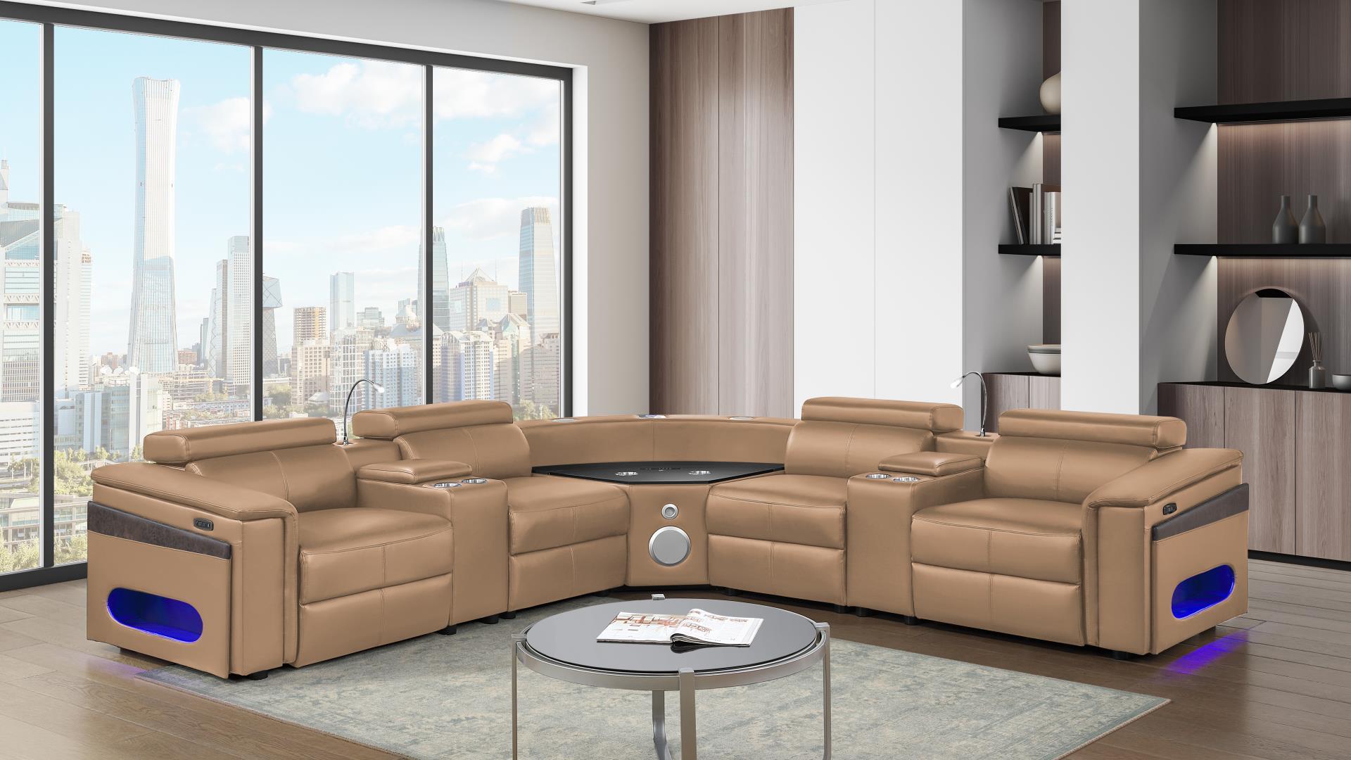 7 pc Nova caramel faux leather power motion sectional sofa with pop up bar refrigerator bluetooth and LED
