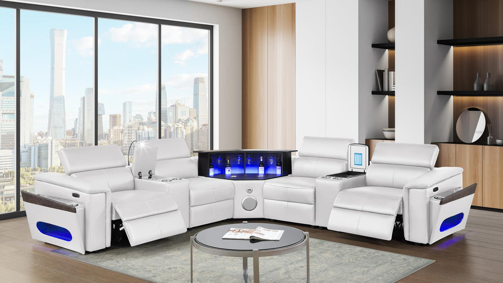 7 pc Nova ice faux leather power motion sectional sofa with pop up bar refrigerator bluetooth and LED
