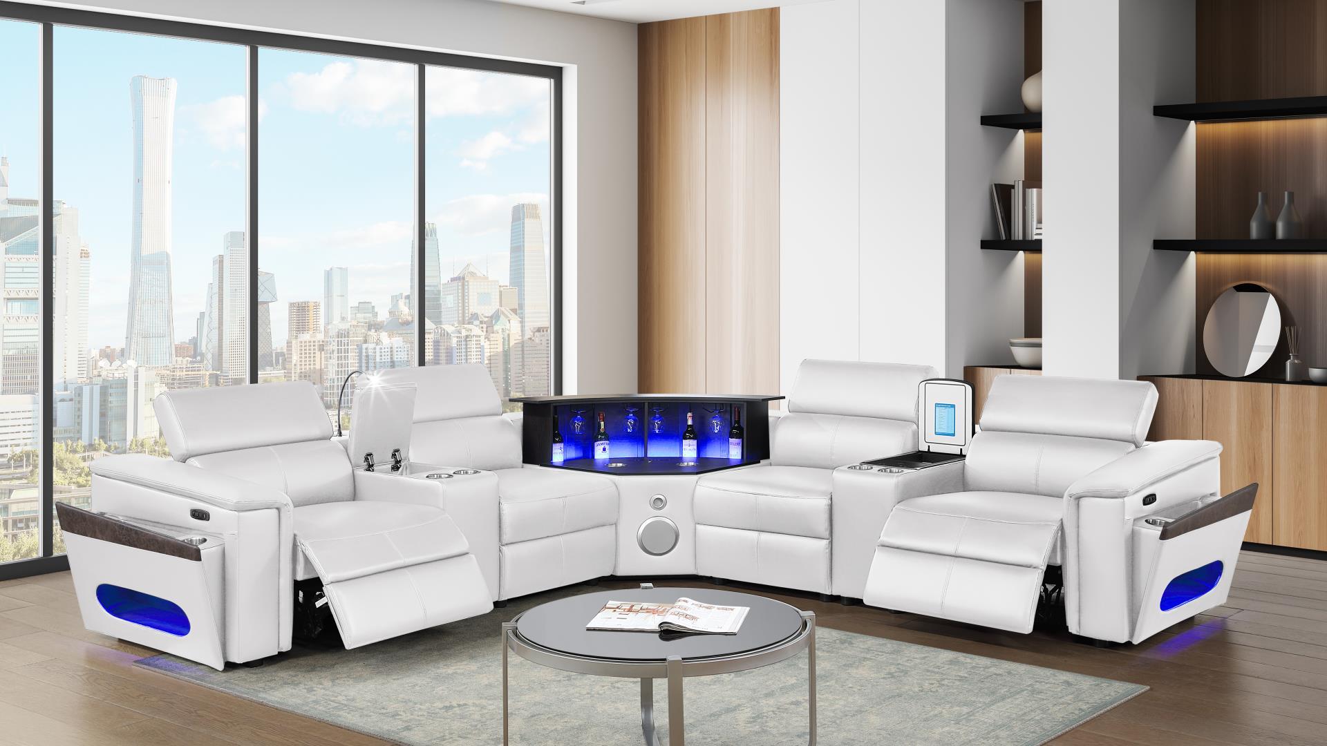 7 pc Nova ice faux leather power motion sectional sofa with pop up bar refrigerator bluetooth and LED