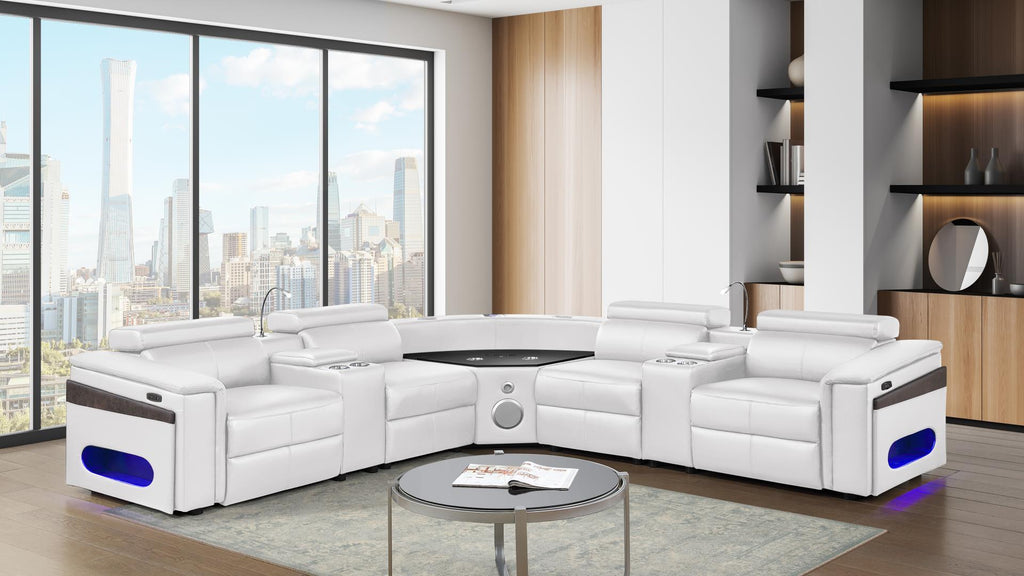 7 pc Nova ice faux leather power motion sectional sofa with pop up bar refrigerator bluetooth and LED