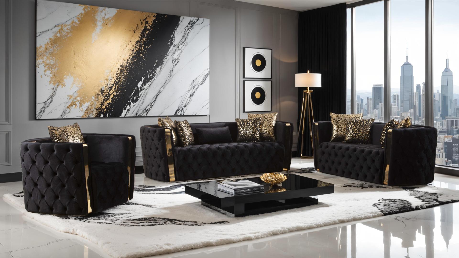 2 pc Naomi black fabric tufted upholstered rounded backs gold trim accents sofa and love seat set