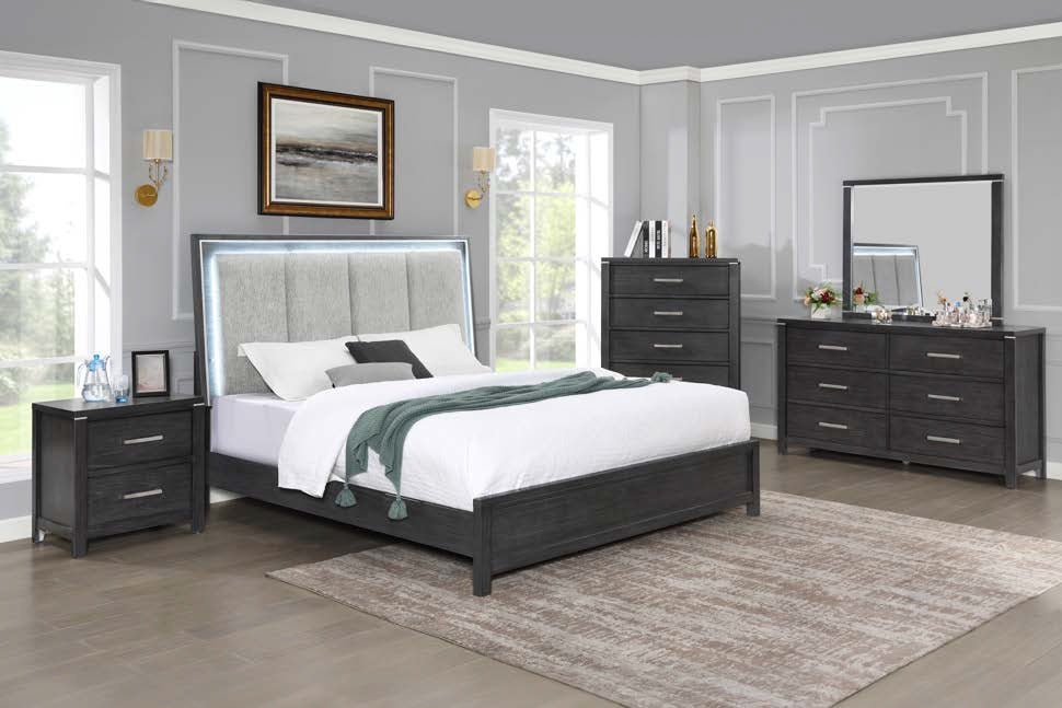 00-6555-4PC 4 pc Odessa charcoal grey finish wood grey fabric padded queen bed set LED accents