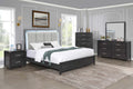 00-6555-4PC 4 pc Odessa charcoal grey finish wood grey fabric padded queen bed set LED accents