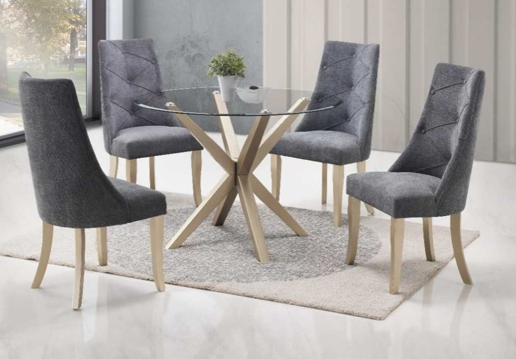 Odessa-5PC 5 pc Odessa gold finish wood cross base 48" round glass top dining table set