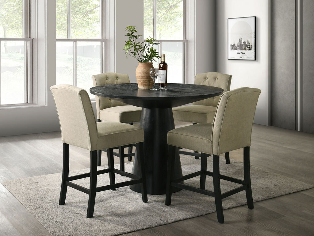 Lilola Home Jasper 5-Piece Ebony Black 47" Round Counter Height Dining Table Set with Beige Upholstered Chairs – 30050-5PC