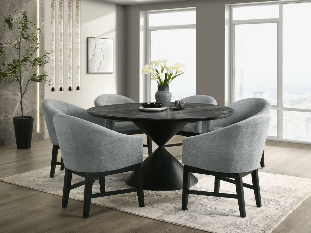 Lilola Home Haven 7-Piece Ebony Black 59" Round Dining Table Set with Hourglass Pedestal Base & Upholstered Barrel Chairs – 30055-1-7PC