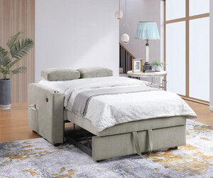 89341 Luelle grey corduroy fabric 57" pop up sleep area sofa sleeper with USB and cup holders