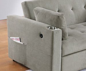 89341 Luelle grey corduroy fabric 57" pop up sleep area sofa sleeper with USB and cup holders
