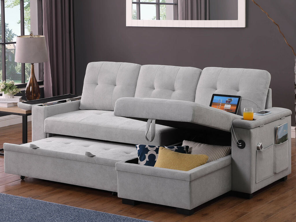 Lilola Home Ashlyn II 84"W Grey Woven Fabric Reversible Sleeper Sectional Sofa with Storage Chaise & USB Charging – V81446