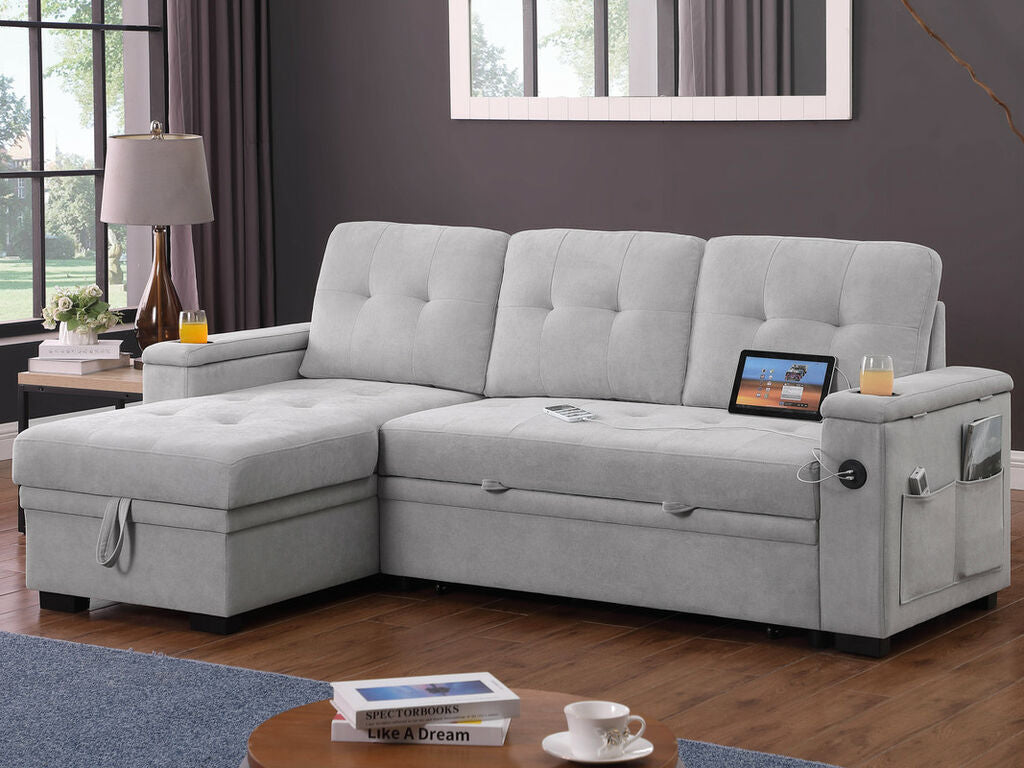 Lilola Home Ashlyn II 84"W Grey Woven Fabric Reversible Sleeper Sectional Sofa with Storage Chaise & USB Charging – V81446