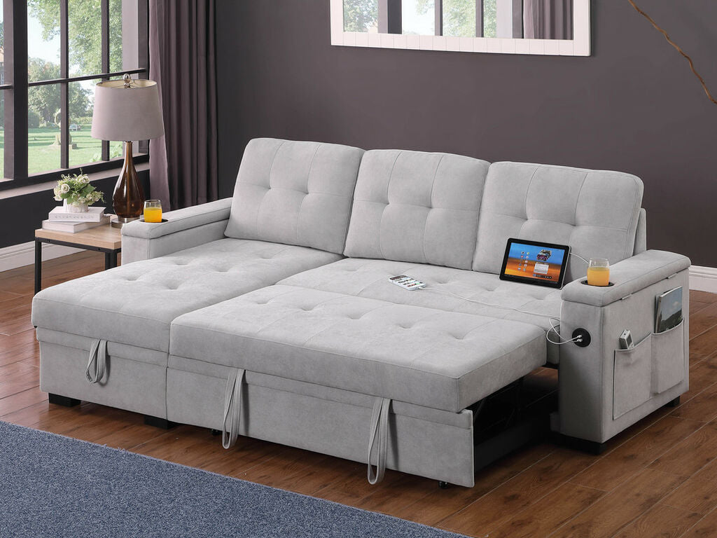 Lilola Home Ashlyn II 84"W Grey Woven Fabric Reversible Sleeper Sectional Sofa with Storage Chaise & USB Charging – V81446