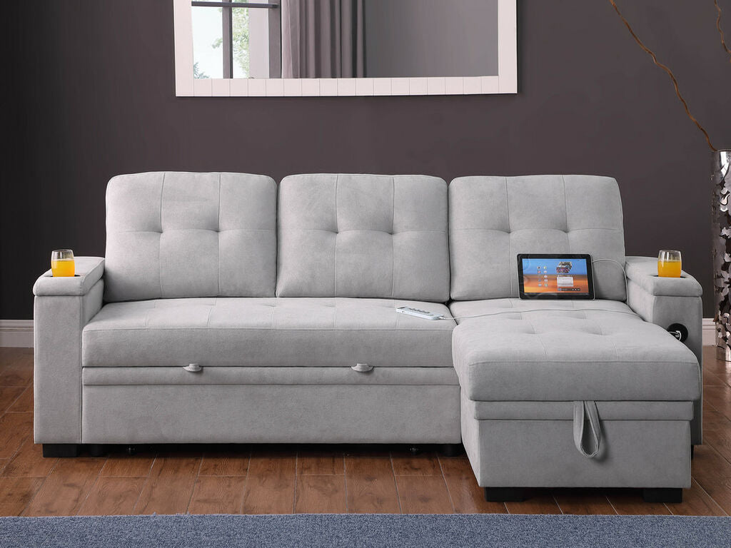 Lilola Home Ashlyn II 84"W Grey Woven Fabric Reversible Sleeper Sectional Sofa with Storage Chaise & USB Charging – V81446