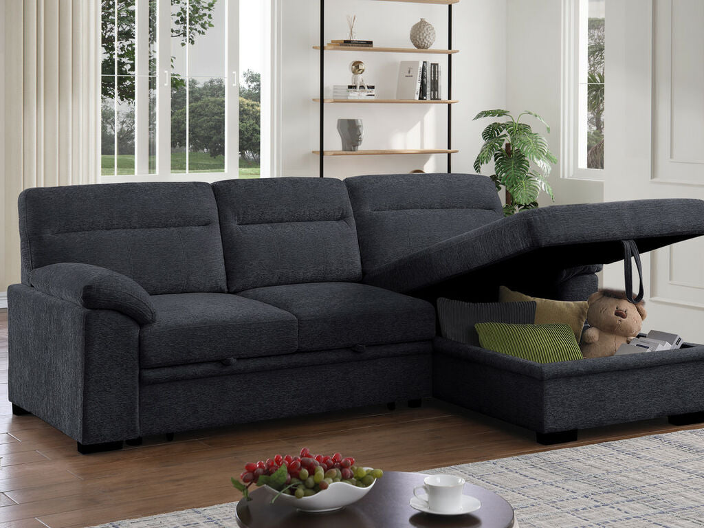 Lilola Home Kipling II Charcoal Grey Chenille Sectional Sofa with Pop-Up Sleeper, Storage Chaise & USB Charging – V81455